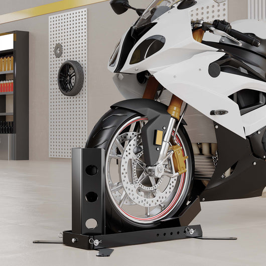 Cavalletto blocca ruota moto max 450 kg, per pneumatici anteriori e posteriori da 14-21", reggi-ruota inclinabile