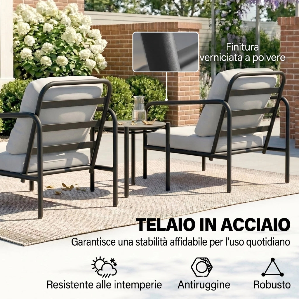 Set da Bistr¨° da 3 Pezzi in Acciaio con 2 Sedie con Cuscini Spessi. Tavolino con Piano in Vetro Temperato Nero