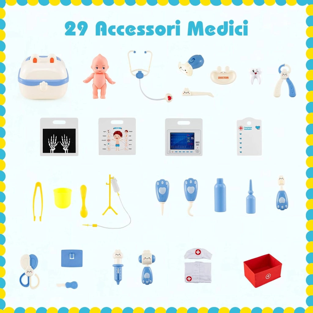 Set Gioco Dottore per Bambini, Gioco di Ruolo Medico in Legno con Stetoscopio, Radiografie, Monitor ECG, Tabella Oculistica e 29 Accessori, Medico Giocattolo per Bambini 3+ Anni (Blu)