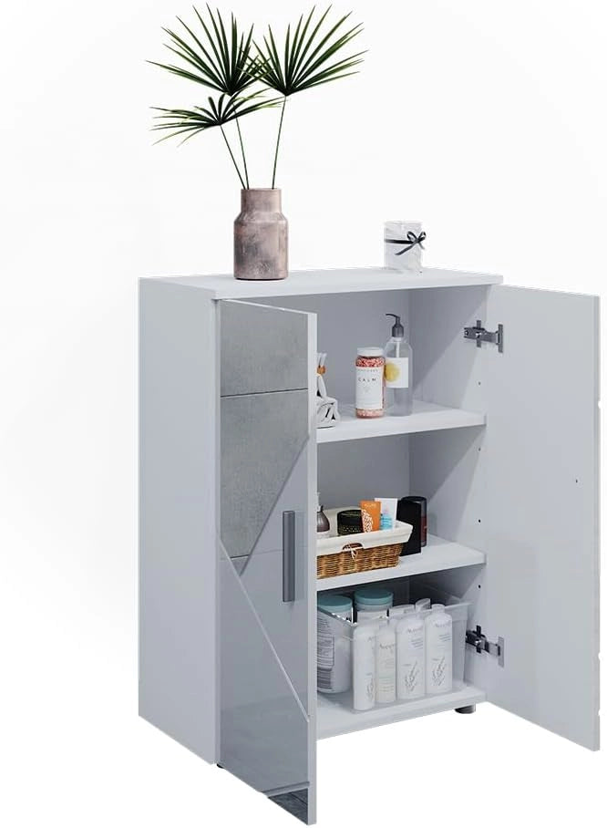 Mobiletto bagno Irma, Bianco lucido con inserti, 60 x 81 cm, per la conservazione in bagno e abbinabile alla serie Irma
