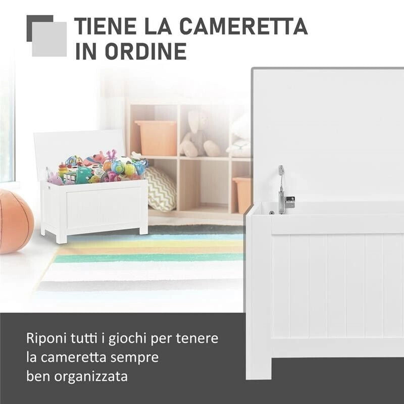 PANCA CONTENITORE MULTIUSO IN LEGNO MDF APERTURA CON BLOCCO DI SICUREZZA, 81X40X46 CM BIANCO
