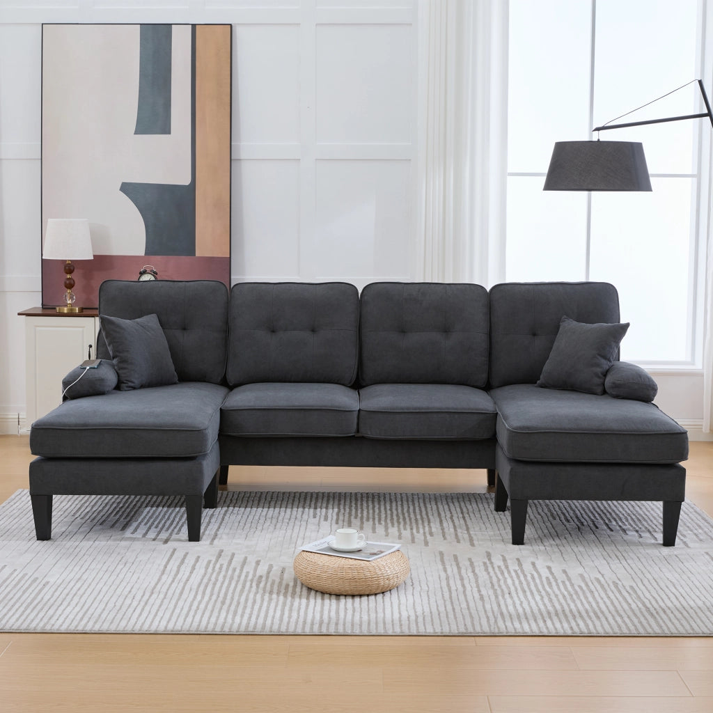 Divano a U a 4 posti in tessuto di lino con tasche laterali, porte USB tipo C e due chaise longue, grigio scuro