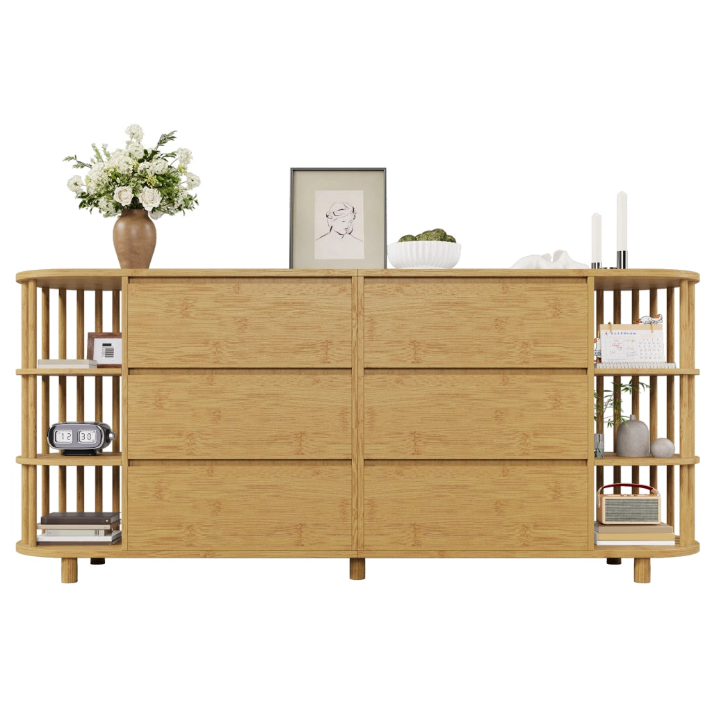 Credenza con 6 Cassetti e Ripiani Aperti in Bamb??; Design Romano; in MDF e Bamb??; 160??40??75 cm; Rovere