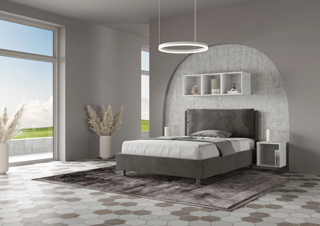 BS COM Letto matrimoniale francese con rete imbottito 140x190 microfibra grigio Large