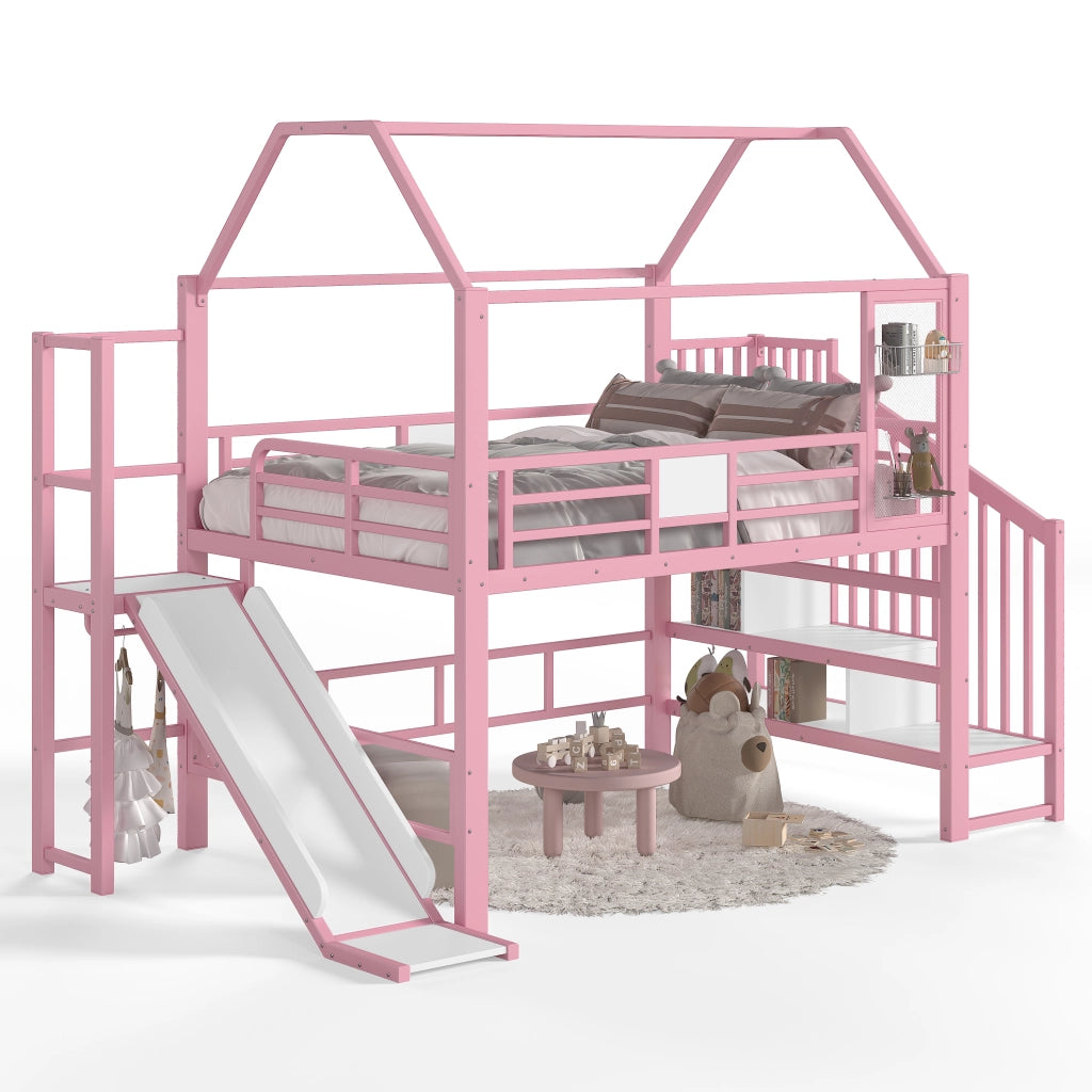 Letto a soppalco per bambini a casetta rosa 140x200 cm con scivolo; LED e scaletta