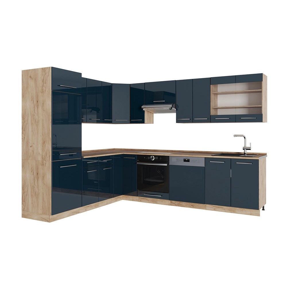 Cucina angolare completa Fame-Line Blu scuro lucido/Rovere dorato 287 x 227 cm, PL Rovere Vicco