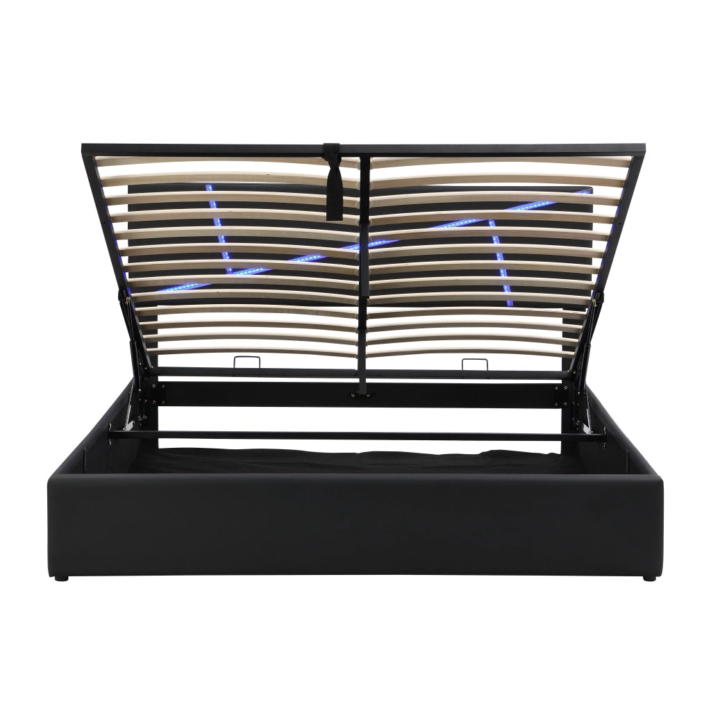 DESMIU Letto contenitore 140 × 200 cm 2 posti con LED regolabile e apertura idraulica, senza materasso, PU nero