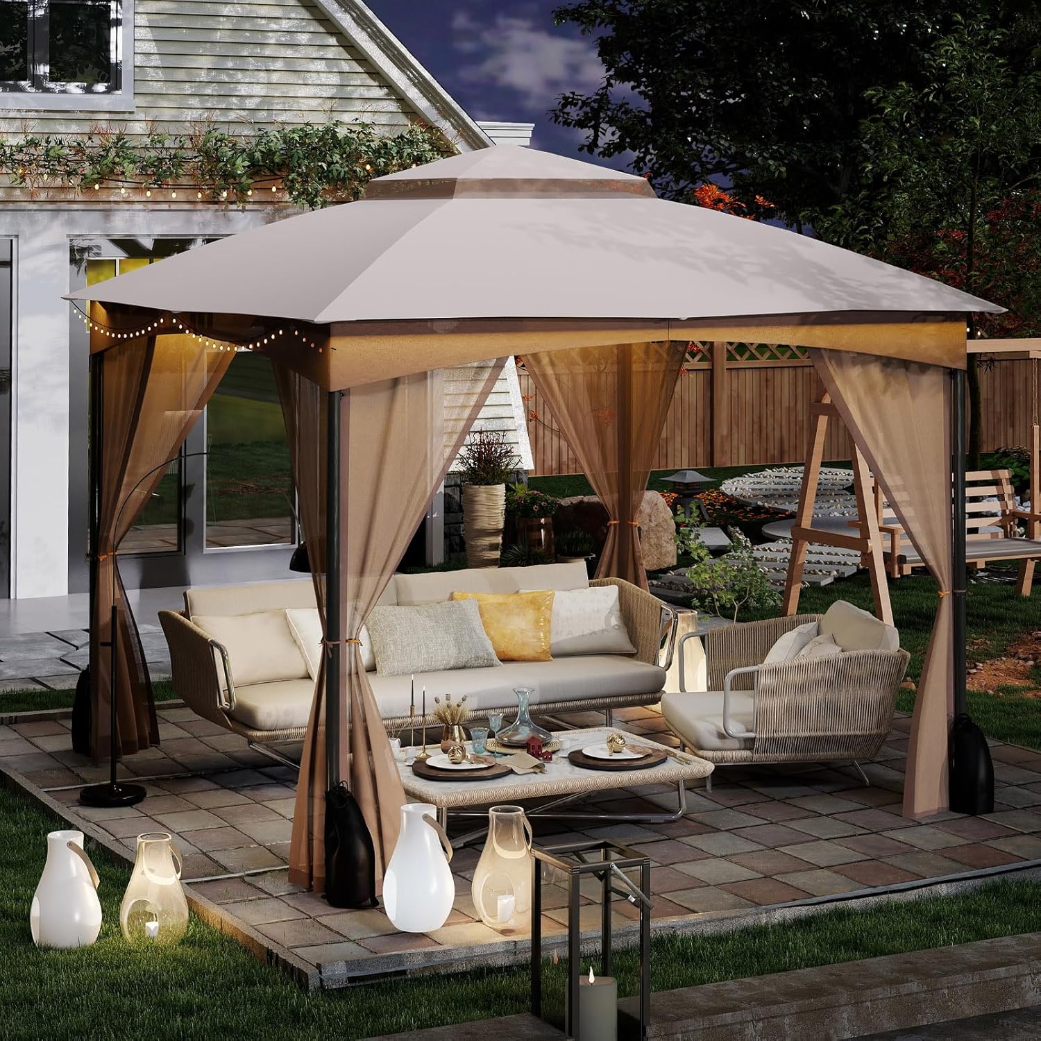 Gazebo da Giardino 3 x 3 m, Gazebo Impermeabile con Rete Mesh Staccabile e Terro Ventilato a Doppio Strato, Tenda Regolabile in Altezza per Feste, BBQ e Picnic (Kaki)