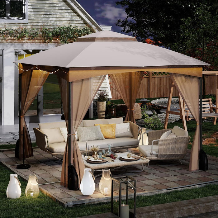 Gazebo da Giardino 3 x 3 m, Gazebo Impermeabile con Rete Mesh Staccabile e Terro Ventilato a Doppio Strato, Tenda Regolabile in Altezza per Feste, BBQ e Picnic (Kaki)