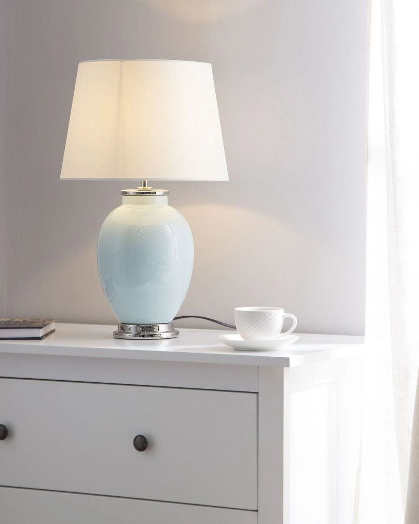Lampada da Tavolo Comodino Base in Ceramica Azzurro Paralume Impero Rotondo paralume in policotone Bianco
