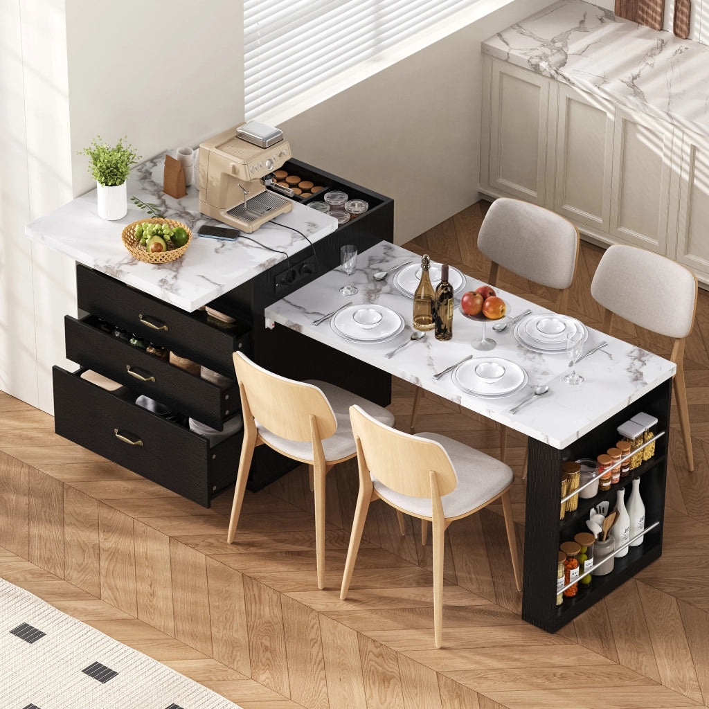 Carrello da Cucina con Tavolo Estensibile; 2 Cassetti; Ripiani Aperti; LED; USB e Type-C; in MDF; Nero
