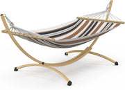 Amaca XL con supporto in metallo effetto legno e tessuto a righe nere, bianche e cioccolato