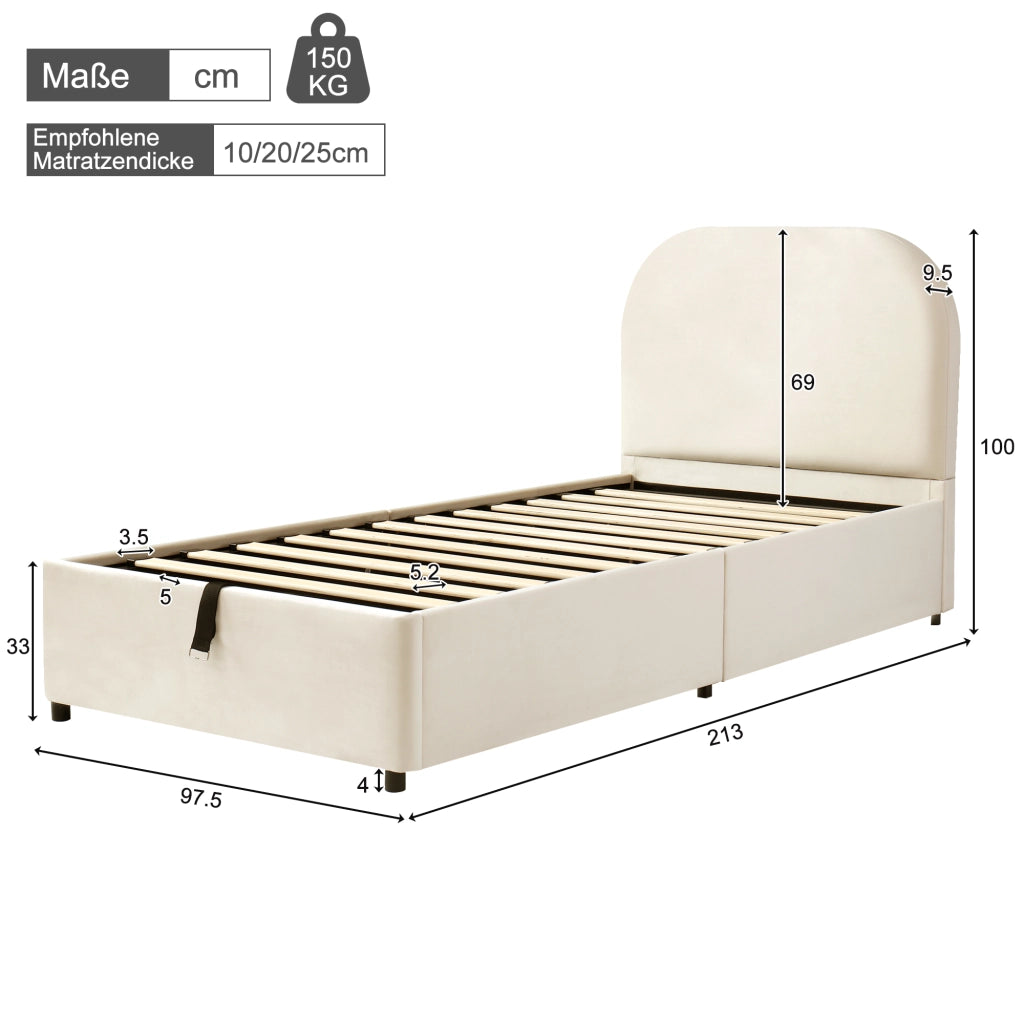 Letto singolo imbottito per bambini 90x200 cm con contenitore idraulico, rete a doghe inclusa, velluto beige