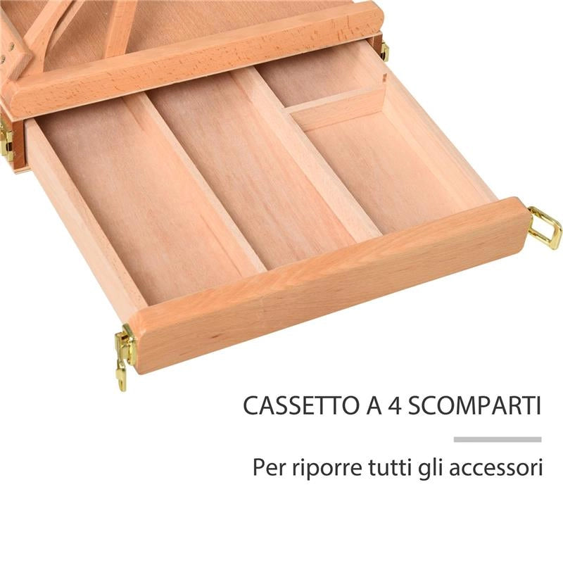 CAVALLETTO IN LEGNO DI FAGGIO CON CASSETTO INFERIORE, ALTEZZA E ANGOLAZIONE REGOLABILE, 42X36X12.5 CM