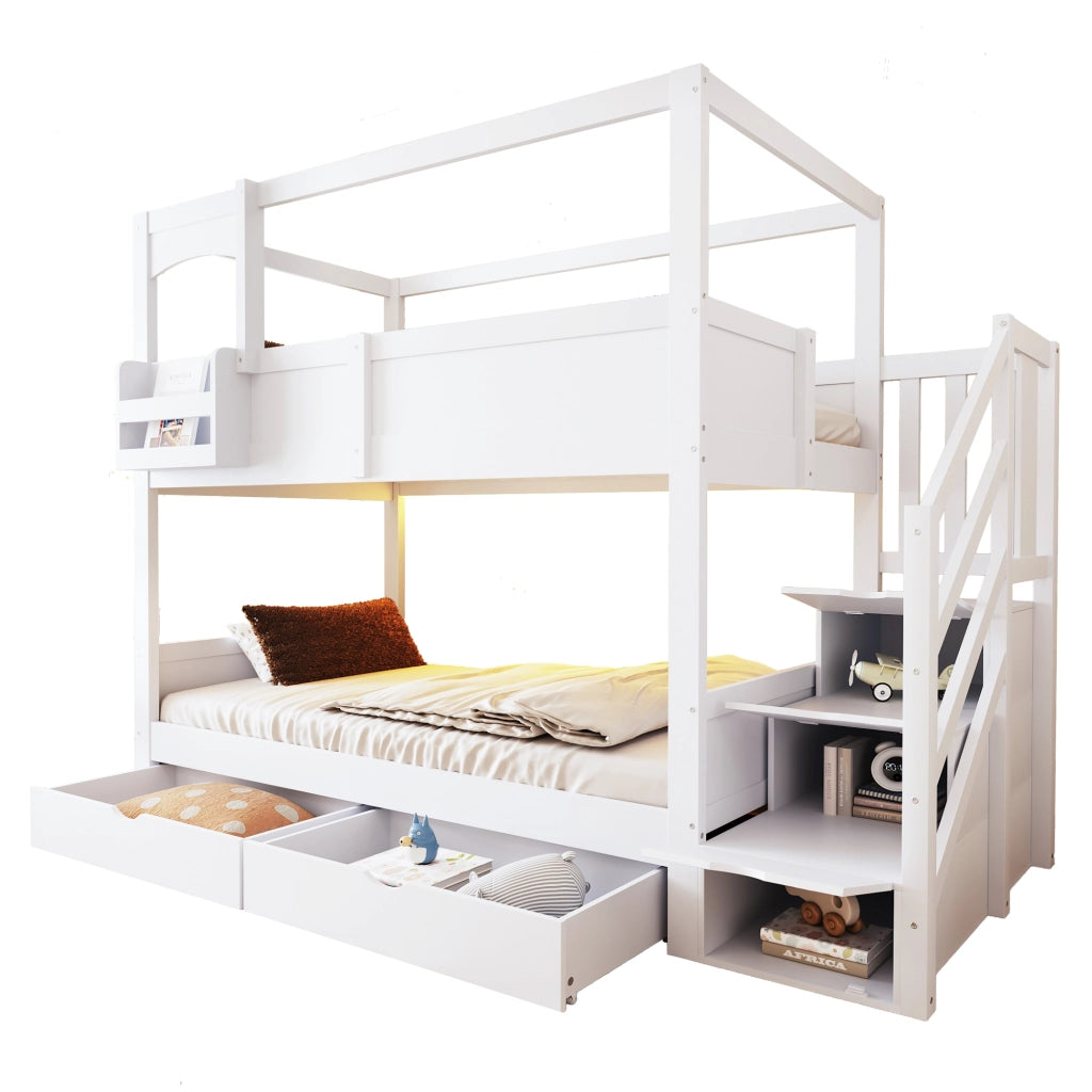 Letto a castello a casetta 90x200 cm con lavagna; 2 cassetti; mensole e scala contenitore; pino e MDF; bianco