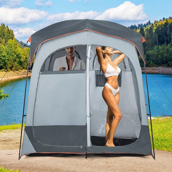 Tenda Spogliatoio da Esterno a 2 Stanze, Tenda da Doccia da Campeggio con Parapioggia Rimovibile, Stendibiancheria e Borsa, Tenda per WC Doccia per Campeggio, Spiaggia e Pesca(Grigio)