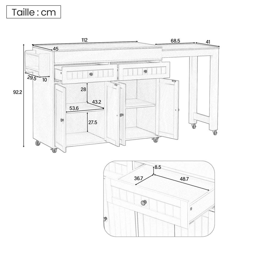 Carrello da Cucina con Piano Estensibile e Vani Contenitivi su Ruote per Cucina in MDF 112-180;5×45×92;2 cm Bianco