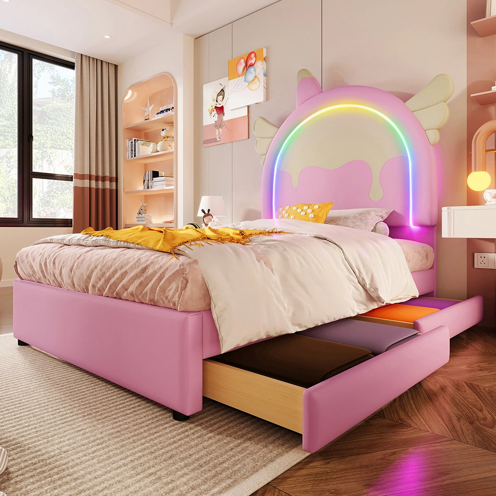 Letto bambino-Xylo-90x200 cm-2 cassetti, LED, forma unicorno, PU rosa