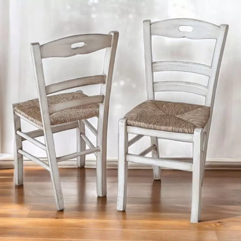 Set 2 sedie legno shabby bianco consumato seduta paglia 43x46x89 - Mobili 2G
