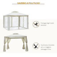 Gazebo da Giardino 2.95x2.95m in Metallo Doppio Tetto Zanzariera e Laterali Beige