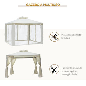 Gazebo da Giardino 2.95x2.95m in Metallo Doppio Tetto Zanzariera e Laterali Beige