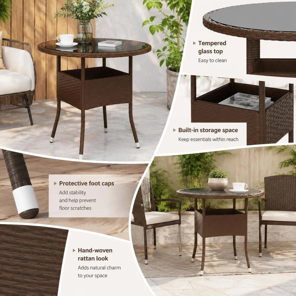 Garden Table 80x75 Cm Tempered Glass And Poly Rattan Brown