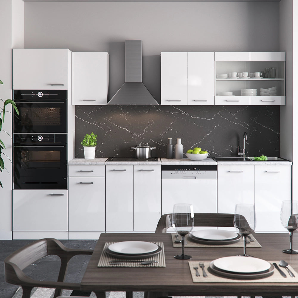 Vicco Cucina componibile Bianco 300 cm con armadio alto, PL Marmo