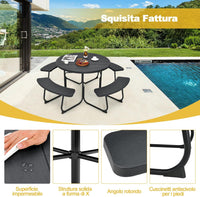 Set Tavolo da Picnic con 8 Posti, Tavolo da Picnic Rotondo con 4 Panche e Foro per Ombrellone, Tavolo da Campeggio Resistente in Metallo, per Giardino, Cortile, Patio (Nero)