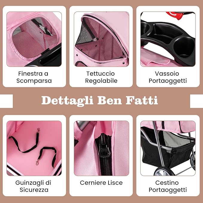Passeggino per Cani Piccoli Pieghevole, Fino a 15 kg, Ruote 360° con Freni, Cuscino, Porta Doppio, Finestre, Cestino, Portabicchieri, Carrozzina Portatile (Rosa)