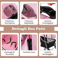 Passeggino per Cani Piccoli Pieghevole, Fino a 15 kg, Ruote 360° con Freni, Cuscino, Porta Doppio, Finestre, Cestino, Portabicchieri, Carrozzina Portatile (Rosa)