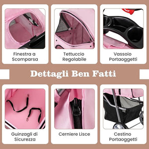 Passeggino per Cani Piccoli Pieghevole, Fino a 15 kg, Ruote 360° con Freni, Cuscino, Porta Doppio, Finestre, Cestino, Portabicchieri, Carrozzina Portatile (Rosa)