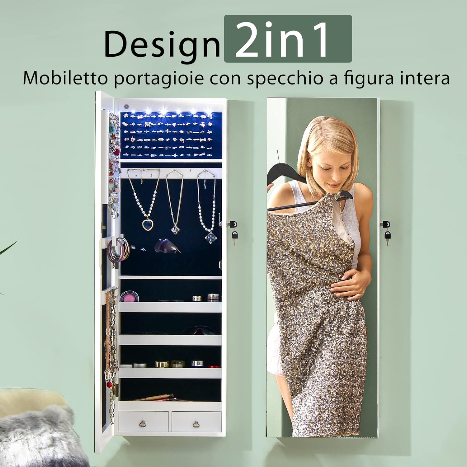 Armadietto Portagioie con Specchio, Armadio per Gioielli con 6 Luci LED e Cassetti, Organizer Gioielli per Camera da Letto e Cabina Armadio, 36 x 10 x 108 cm (Bianco)