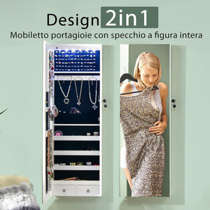 Armadietto Portagioie con Specchio, Armadio per Gioielli con 6 Luci LED e Cassetti, Organizer Gioielli per Camera da Letto e Cabina Armadio, 36 x 10 x 108 cm (Bianco)