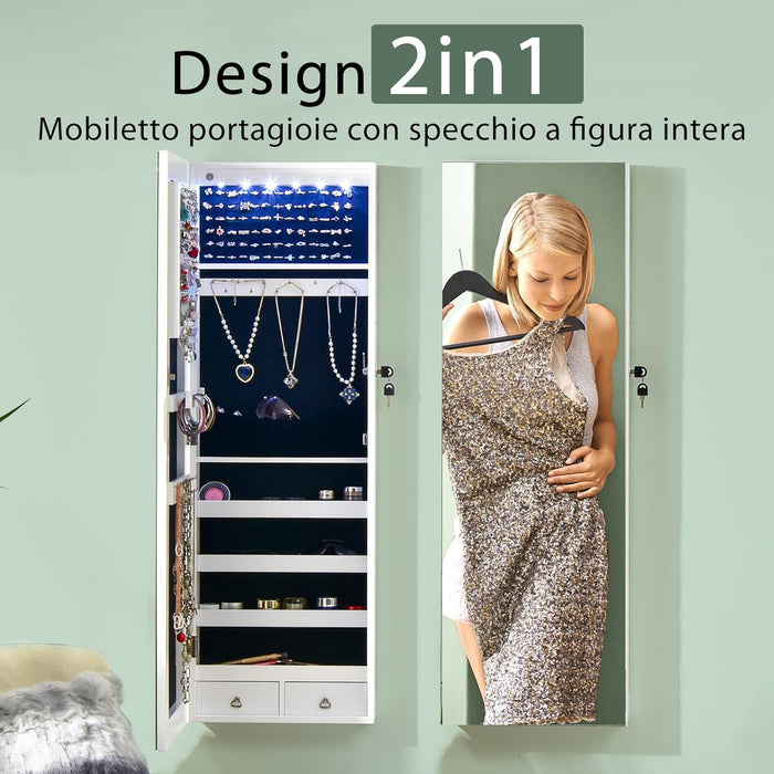 Armadietto Portagioie con Specchio, Armadio per Gioielli con 6 Luci LED e Cassetti, Organizer Gioielli per Camera da Letto e Cabina Armadio, 36 x 10 x 108 cm (Bianco)