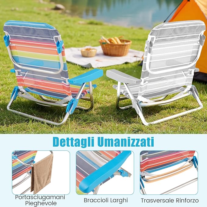 Set di 2 Sedie da Spiaggia, Sedia da Picnic Pieghevole con Braccioli, Schienale Regolabile a 5 Posizioni, Poltrona da in Alluminio Portatile per Pesca, Campeggio (64 cm x 63 cm x 74 cm)