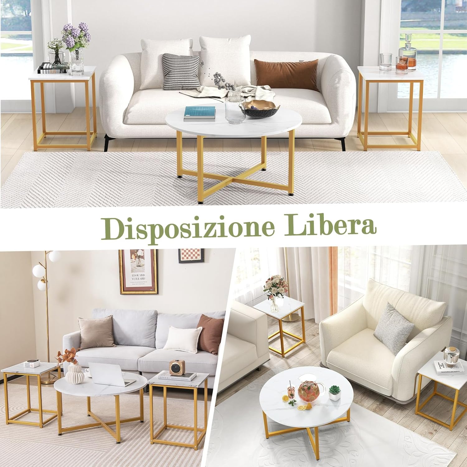 Set di Tavolini da Caffè 3 Pezzi, Tavolino Rotondo e 2 Tavolini Quadrati con Struttura Metallica Robusta, Set di Tavoli da Salotto Moderni 3 Pezzi (Bianco)