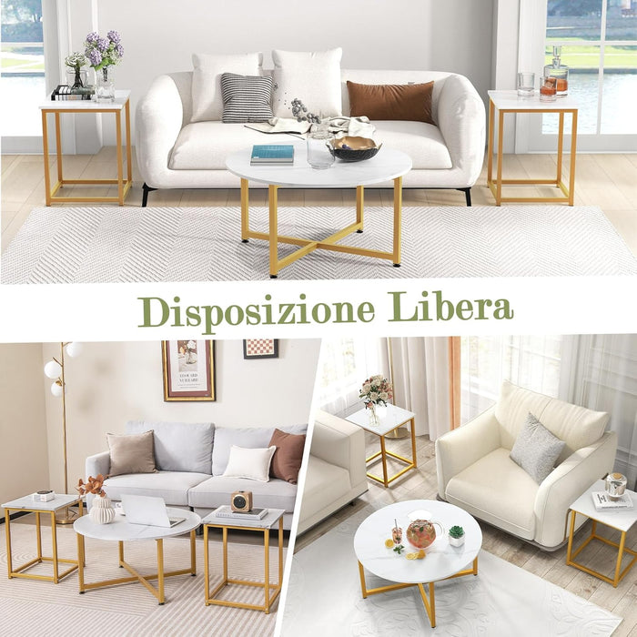 Set di Tavolini da Caffè 3 Pezzi, Tavolino Rotondo e 2 Tavolini Quadrati con Struttura Metallica Robusta, Set di Tavoli da Salotto Moderni 3 Pezzi (Bianco)