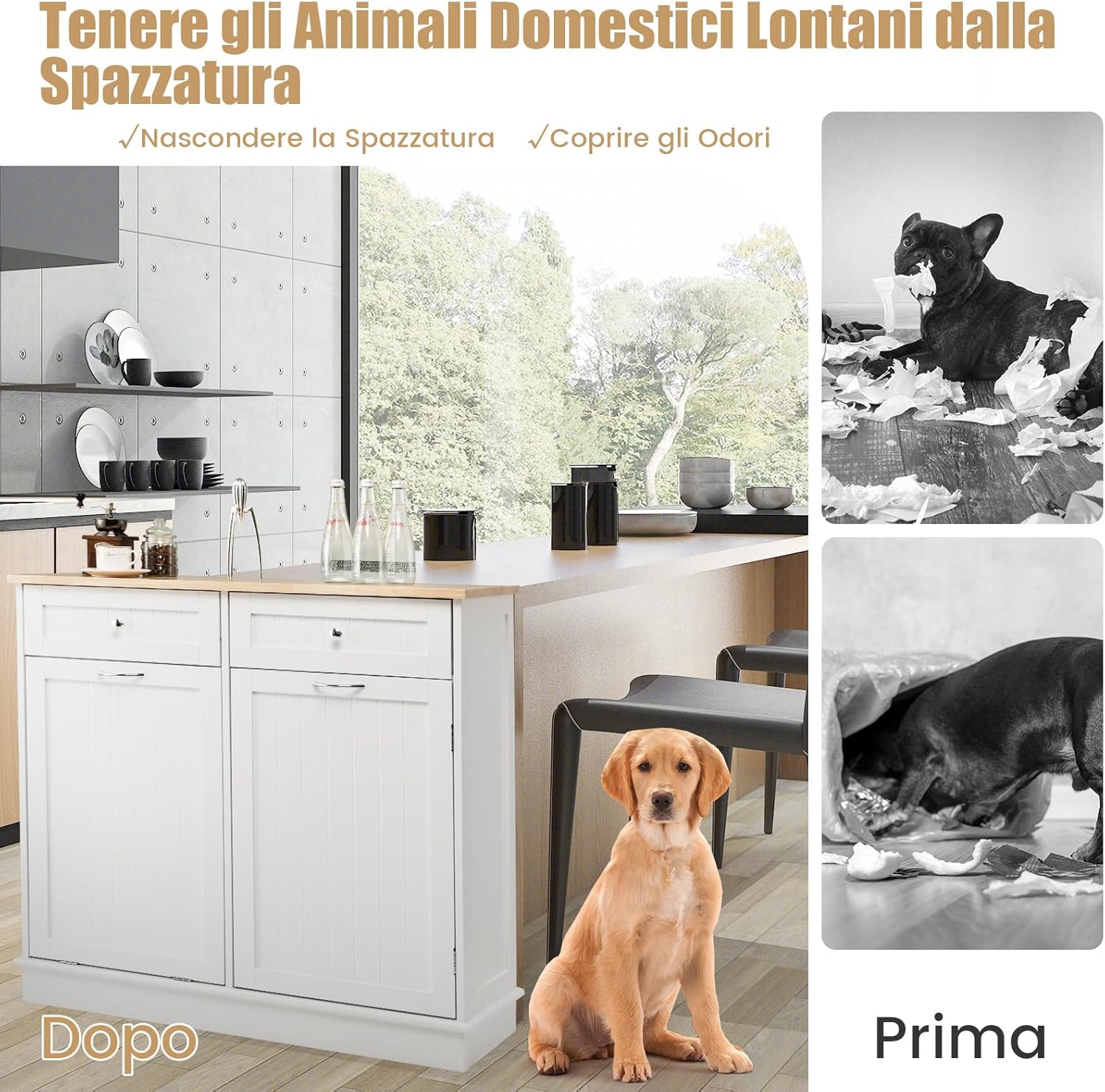 Credenza Cucina con 42L Pattumiera, Mobile per Pattumiera Ribaltabile con Piano in Legno di Gomma 2 Cassetti e Ripiano Regolabile, 100x35,5x90 cm (Bianco)