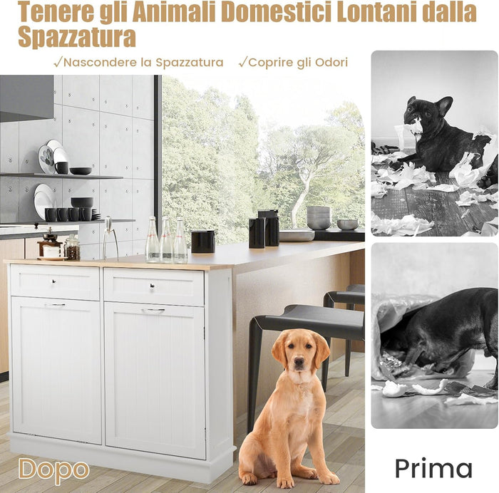 Credenza Cucina con 42L Pattumiera, Mobile per Pattumiera Ribaltabile con Piano in Legno di Gomma 2 Cassetti e Ripiano Regolabile, 100x35,5x90 cm (Bianco)