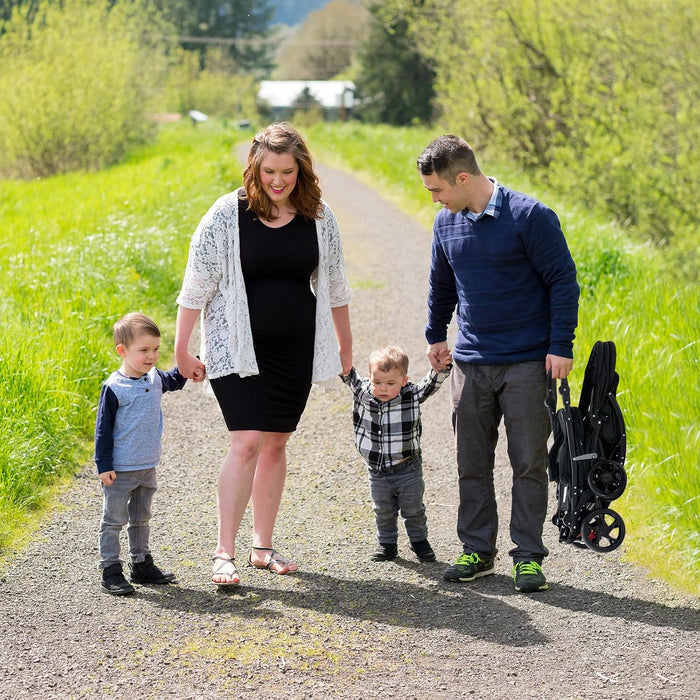 Passeggino Doppio Pieghevole per Bambini, Passeggino Gemellare Pieghevole, con Seduta in Tandem e Tettuccio, Schienale Regolabile, Ruote Bloccabili e Antiurto, Portata Totale 30 kg (Nero)
