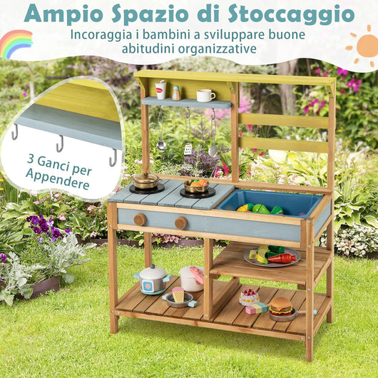 Cucina Giocattolo per Giardino in Legno di Pino, Cucina per Bambini con 2 Fornelli a Manopola, Lavandino e 3 Ganci, Set Cucina con Ripiani Aperti, 75 x 36 x 92 cm (Naturale)