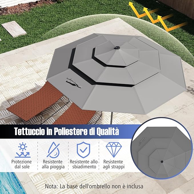 Ombrellone da Patio 313 cm con 32 Luci LED, Tetto Ventilato a 3 Piani, Inclinazioni Regolabili, Manovella, 8 Stecche, Ombrellone da Giardino, Piscina, Spiaggia