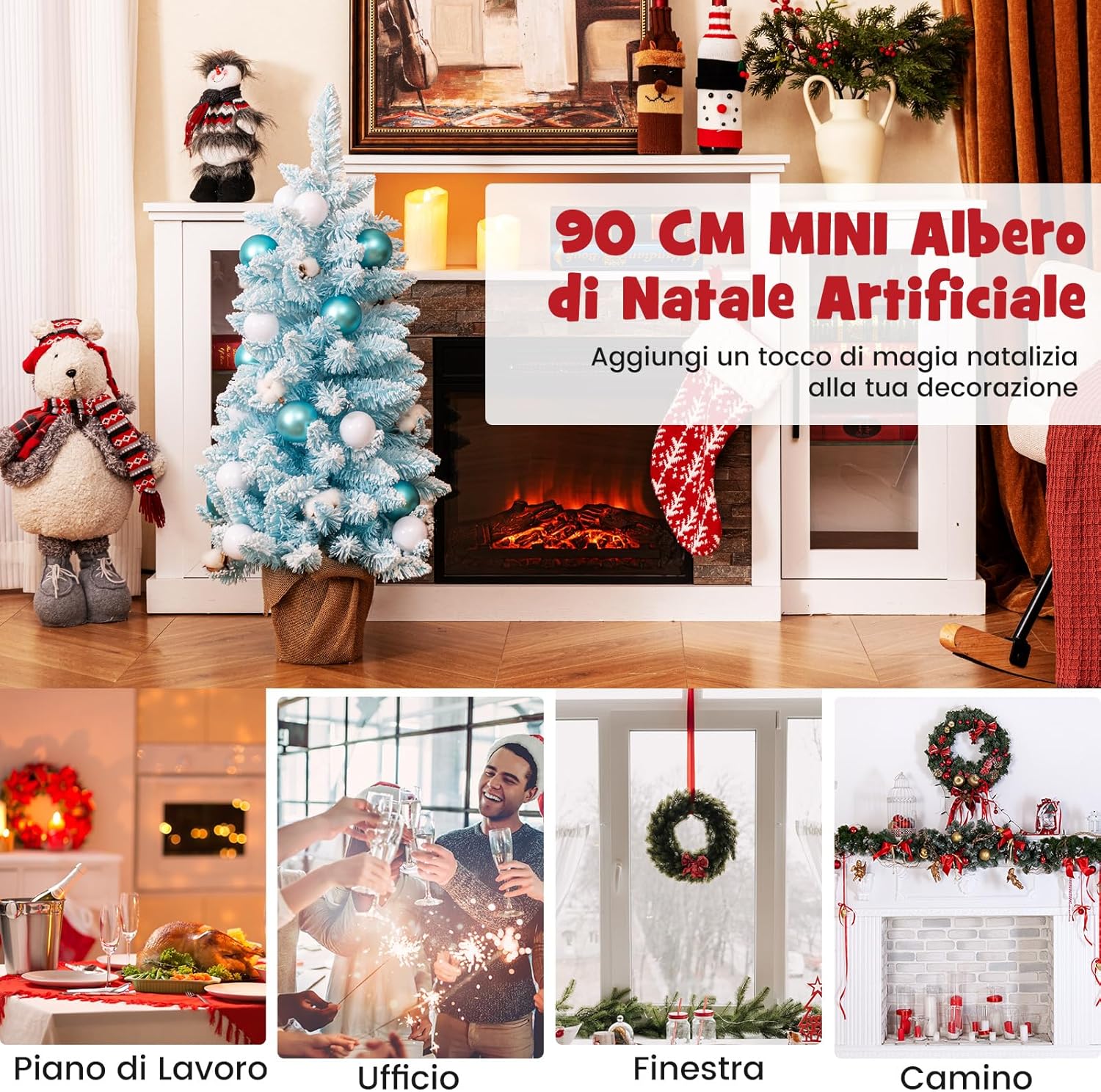 Albero di Natale Artificiale Mini 90 cm, Albero di Natale Innevato da Tavolo con 12 Palline di Cotone Naturale, 24 Palline Decorative e Rami Imbiancati, Decorazione per Feste (Celeste)