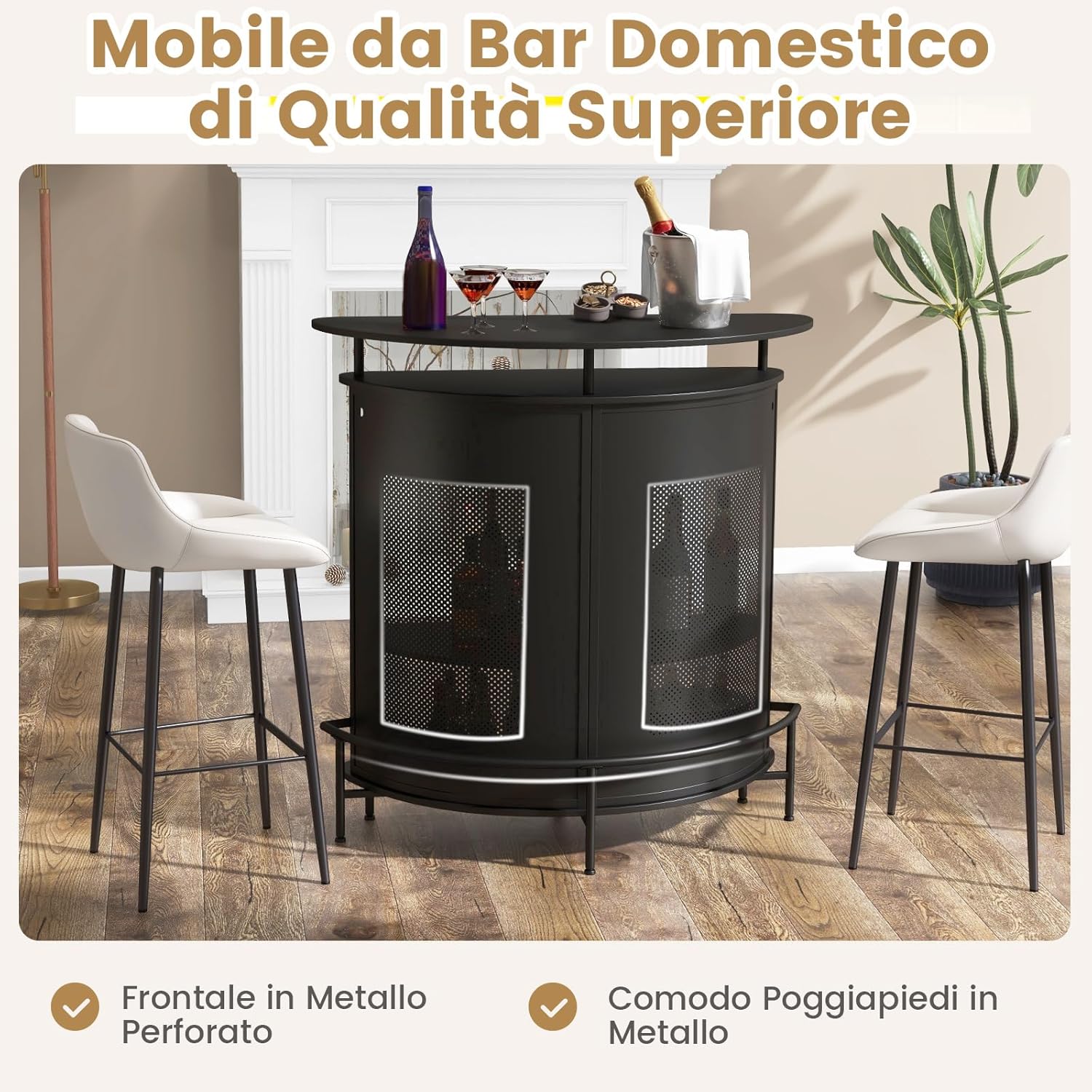 COSTWAY Tavolo Bar Semicircolare 110,5 x 48 x 112,5cm, Bancone Bar a 4 Ripiani con Scaffali di Stoccaggio e 3 Supporti per Calici, Piano Curvo, Fronte in Metallo Perforato e Poggiapiedi, Nero