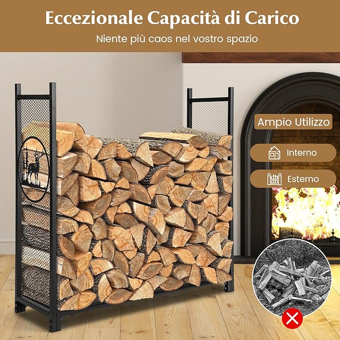 Porta Legna 121 x 38 x 117 CM, Scaffale per Legna Rosbuto con Lati a Rete, Motivi Cervo e Albero, Portalegna da Ardere per Interni ed Esterni, Nero
