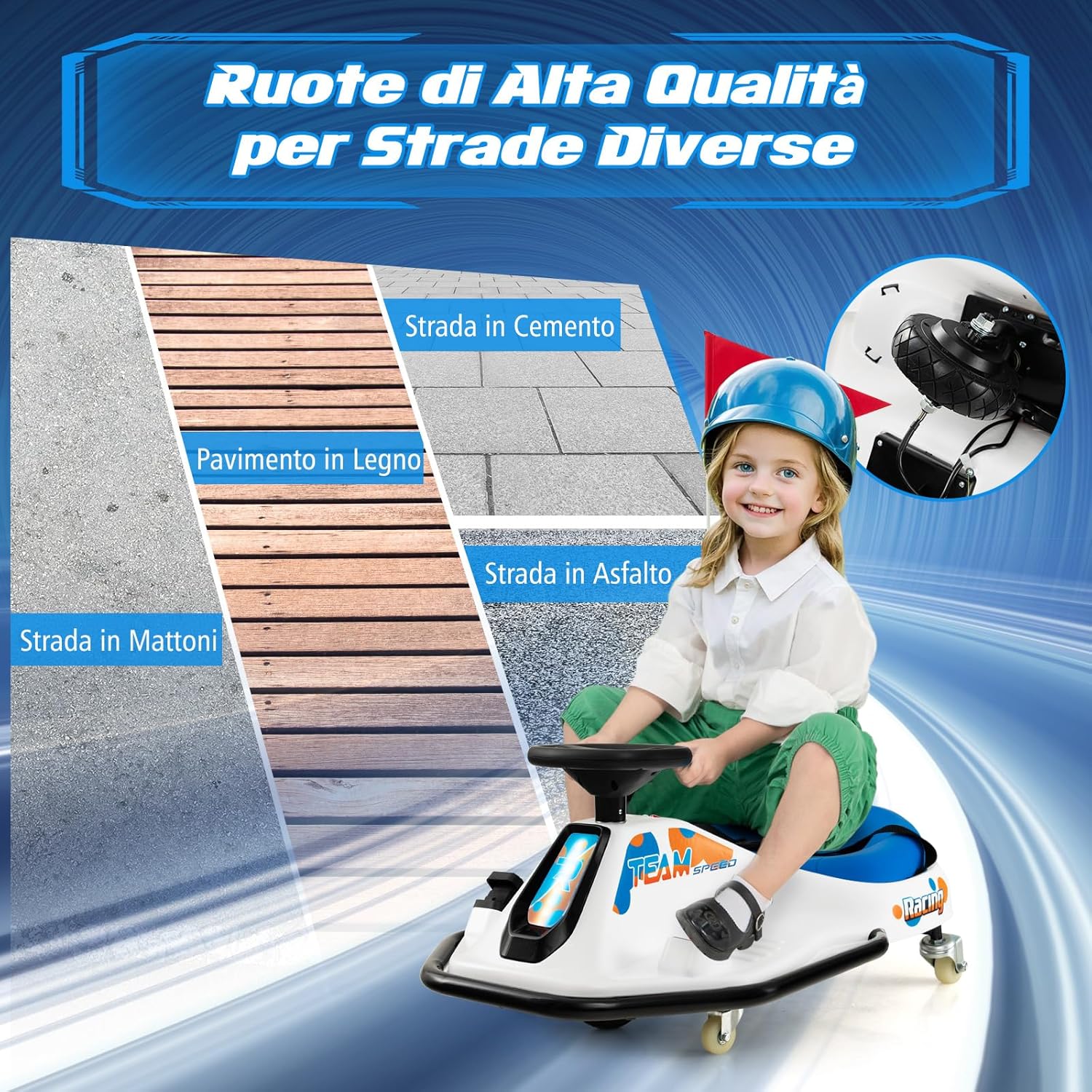 24 V Go Kart per bambini, Auto Drift con Giro a 360°, con Connessione Wireless USB Radio Musica e 3 Bandierine, Avviso Lento, 3-8 km/h, per Bambini 3+ Anni