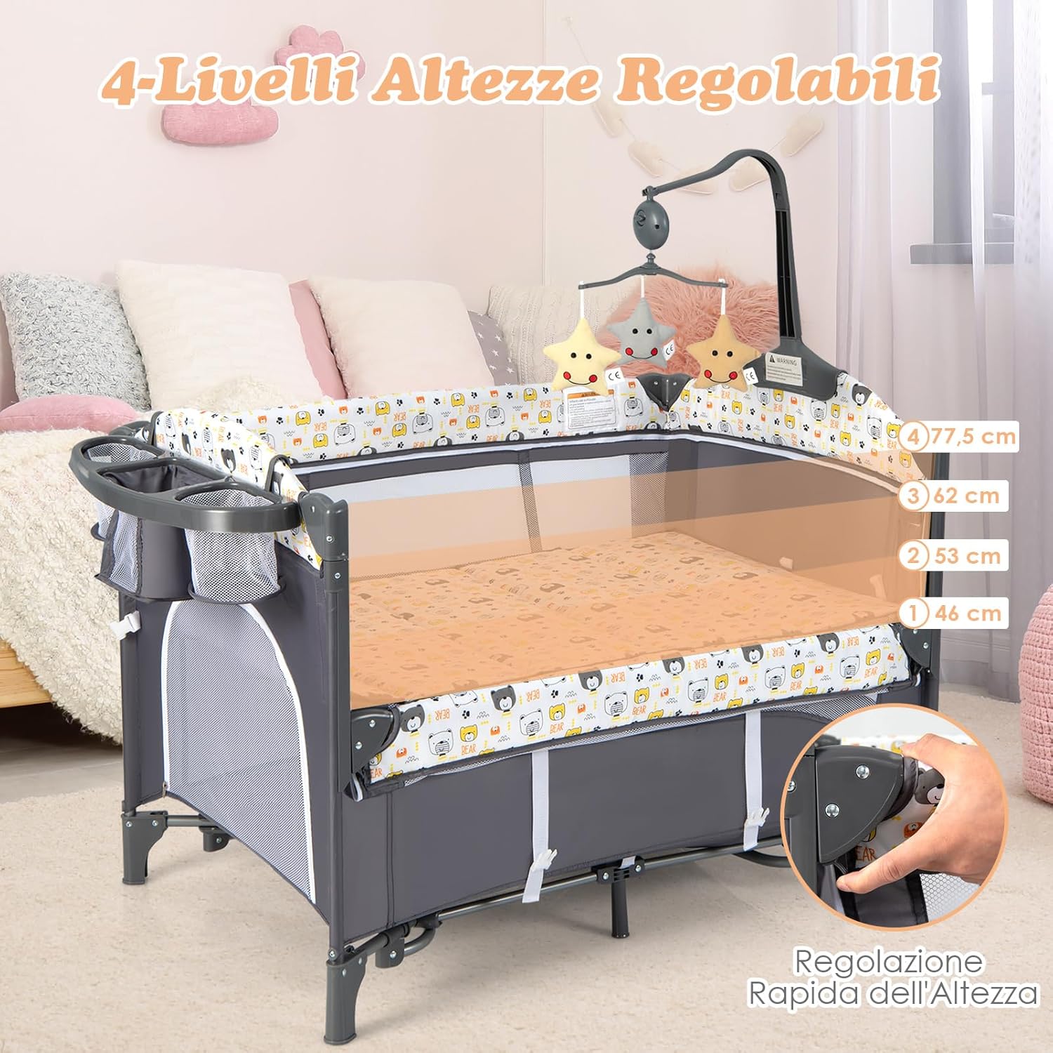 5-in-1 Lettino da Campeggio con Materasso, Lettino per Bambini con Fasciatoio, Lettino Pieghevole e Portabile, Altezza Regolabile in 5 Livelli, per Bambini 0-36 Mesi (Grigio+Beige)