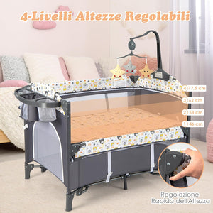 5-in-1 Lettino da Campeggio con Materasso, Lettino per Bambini con Fasciatoio, Lettino Pieghevole e Portabile, Altezza Regolabile in 5 Livelli, per Bambini 0-36 Mesi (Grigio+Beige)