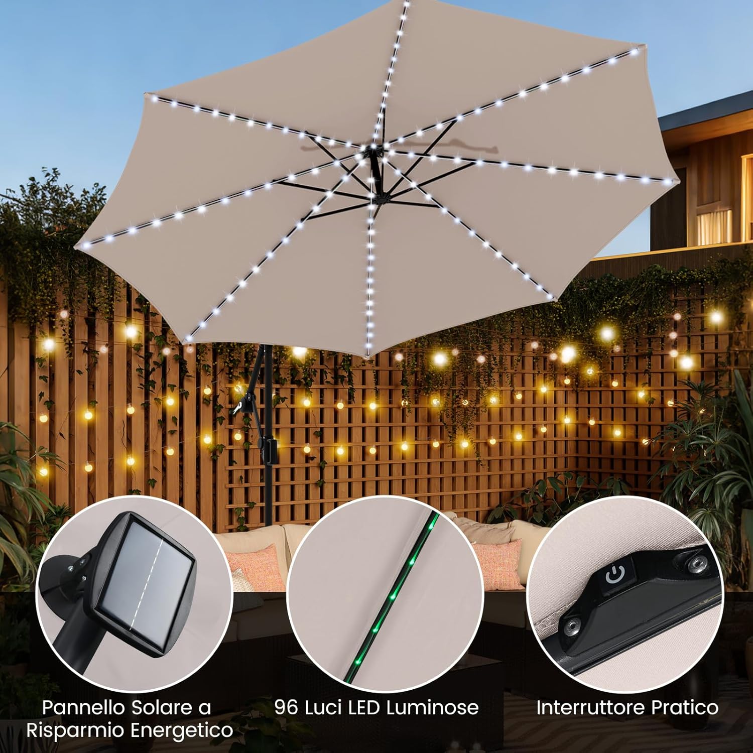 Ombrellone da Giardino 290 cm, con 96 Luci LED, Ombrellone Esterno con Base, Inclinazione Regolabile, Rotazione a 360°, Manovella, Parasole da Giardino (Beige)