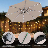 Ombrellone da Giardino 290 cm, con 96 Luci LED, Ombrellone Esterno con Base, Inclinazione Regolabile, Rotazione a 360°, Manovella, Parasole da Giardino (Beige)